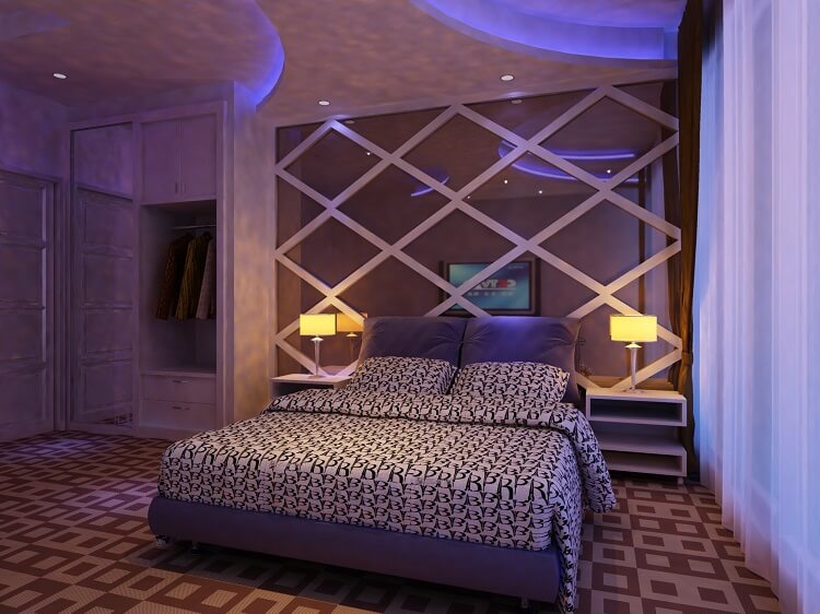 Mẫu trần thạch cao đẹp cho phòng ngủ vợ chồng với thiết kế hai hình bán nguyệt đối xứng