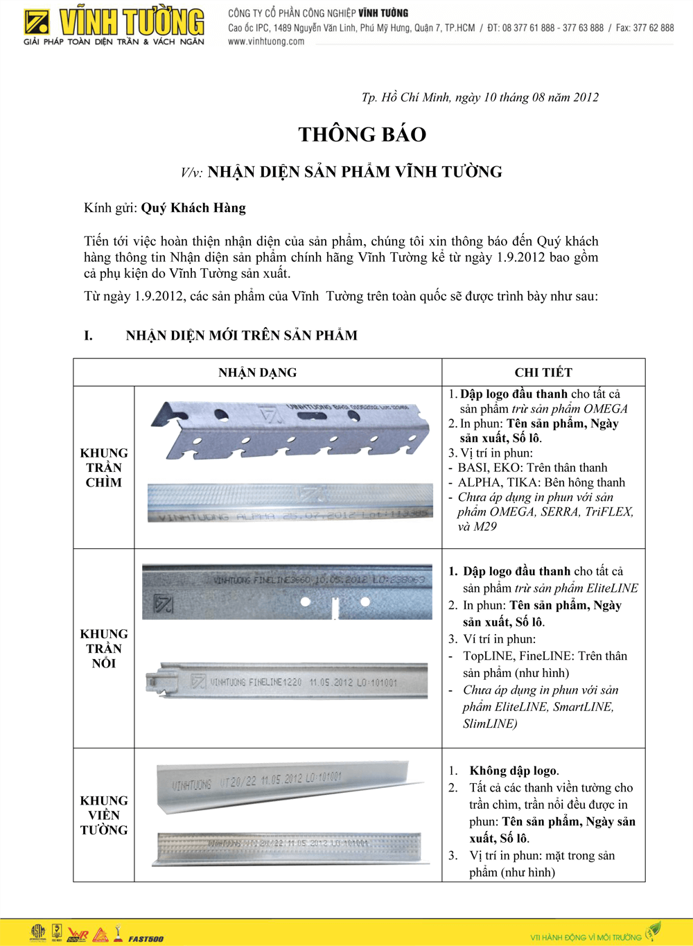 THÔNG BÁO NHẬN DIỆN SẢN PHẨM VĨNH TƯỜNG - ÁP DỤNG TỪ NGÀY 01/09/2012