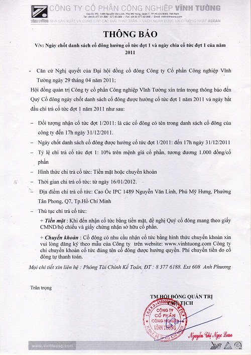 Thông báo chi cổ tức