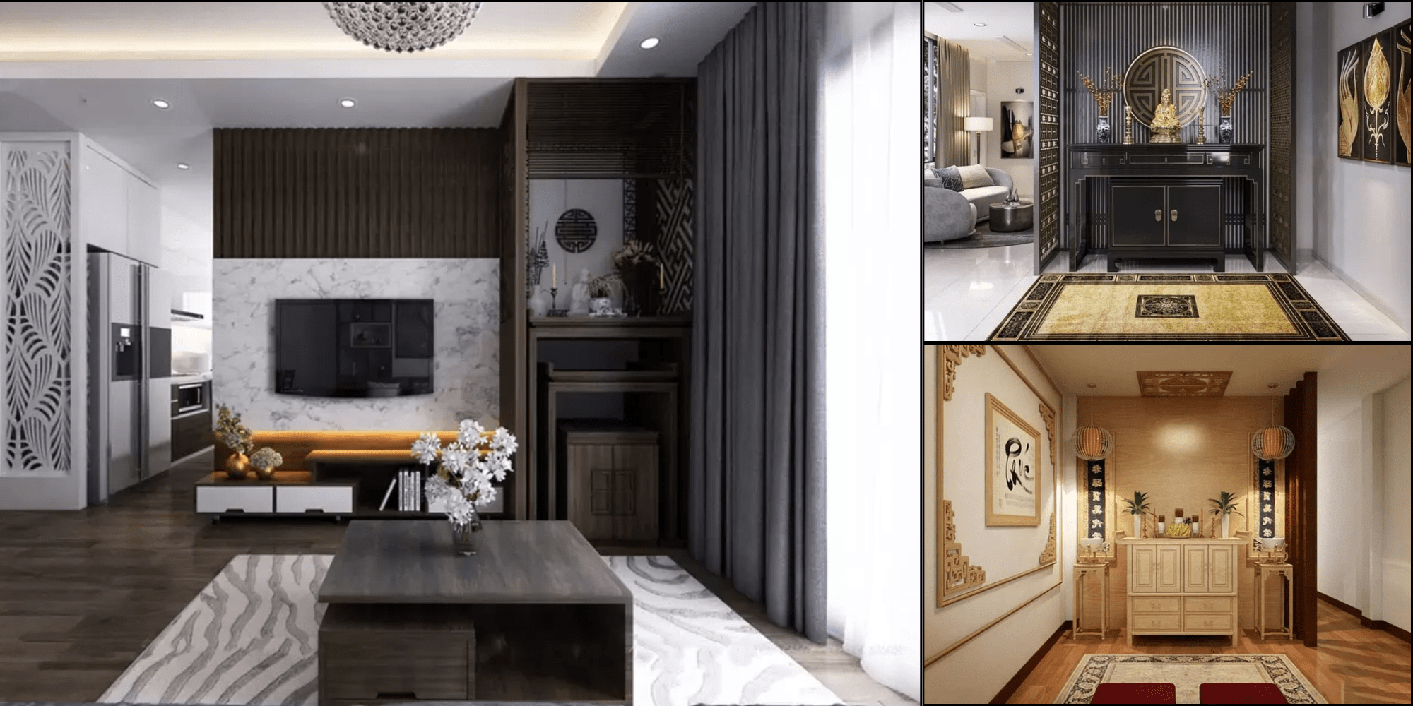 mẫu thiết kế phòng khách kết hợp phòng thờ nhà ống đẹp, hợp phong thuỷ