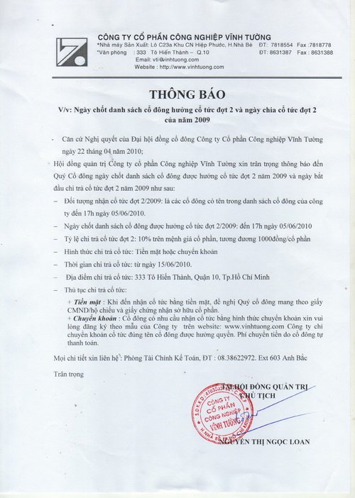 Thông báo nhận cổ tức