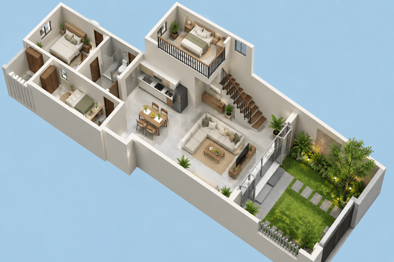 Bản vẽ 3D mẫu nhà gác lửng 3 phòng ngủ có sân vườn thể hiện sự kết hợp hài hòa giữa không gian sinh hoạt và khu vực cây xanh xung quanh