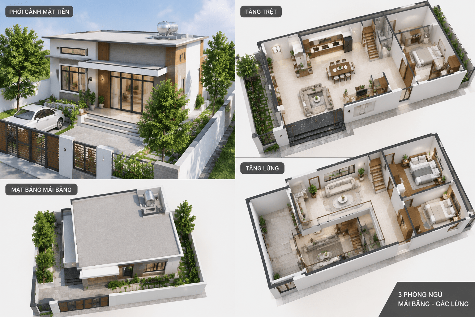 Bản vẽ 3D mẫu nhà gác lửng 3 phòng ngủ mái bằng thể hiện rõ thiết kế mái phẳng hiện đại cùng cách phân chia công năng hợp lý