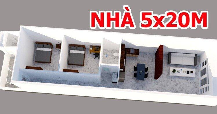 Bản vẽ 3D nhà cấp 4 nông thôn 250 triệu đẹp 5x20, hiện đại với 2 phòng ngủ riêng biệt