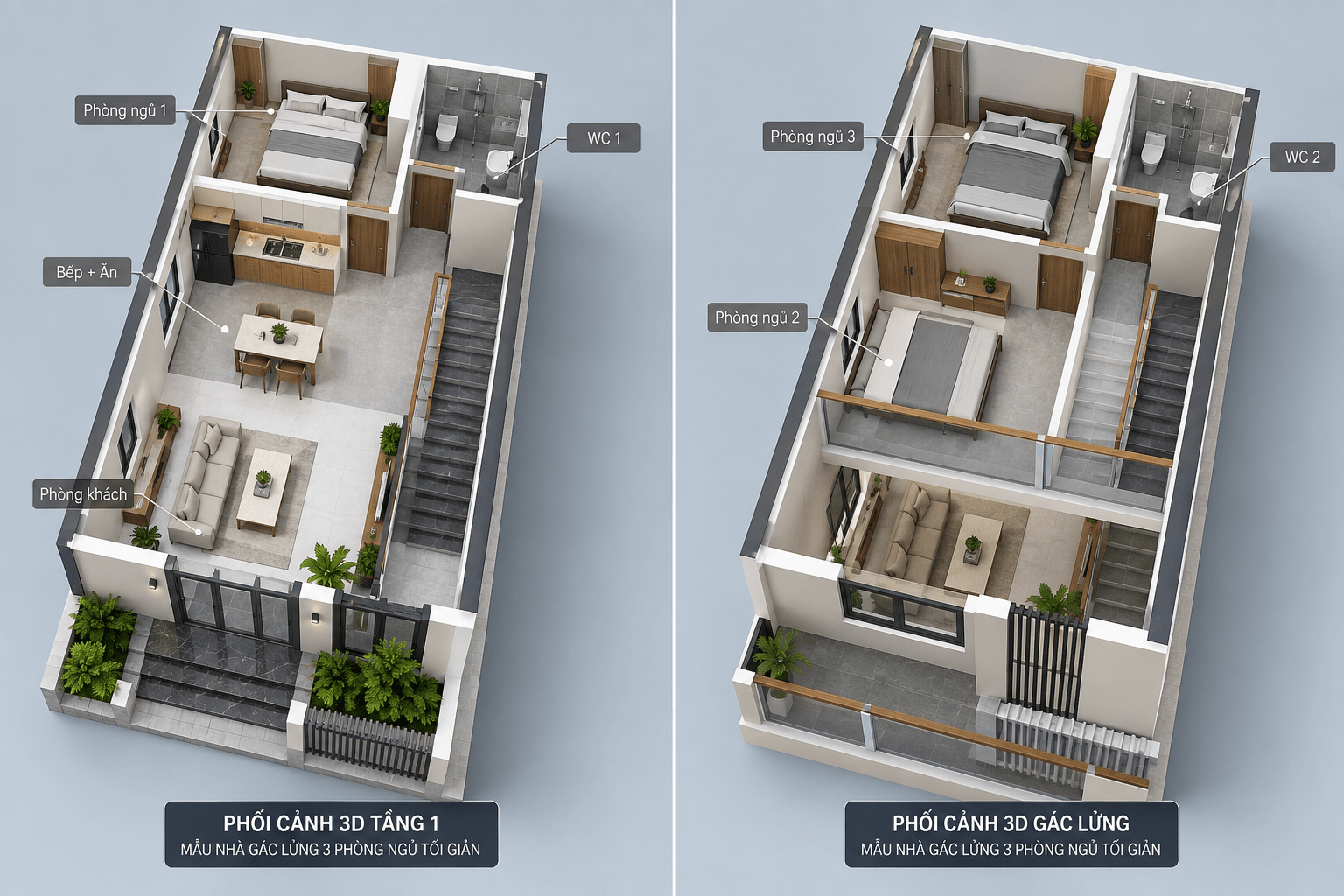 Bản vẽ 3D thể hiện không gian tầng 1 của mẫu nhà gác lửng 3 phòng ngủ theo phong cách tối giản, gọn gàng và hiện đại