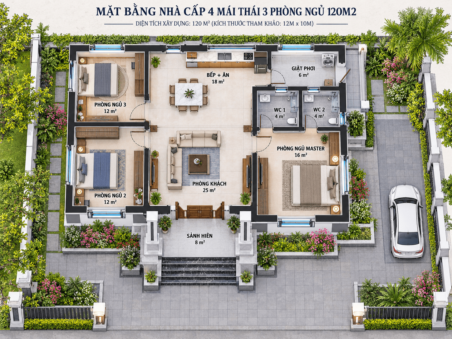 Bản vẽ bố trí công năng mẫu nhà cấp 4 mái Thái 3 phòng ngủ 120m2