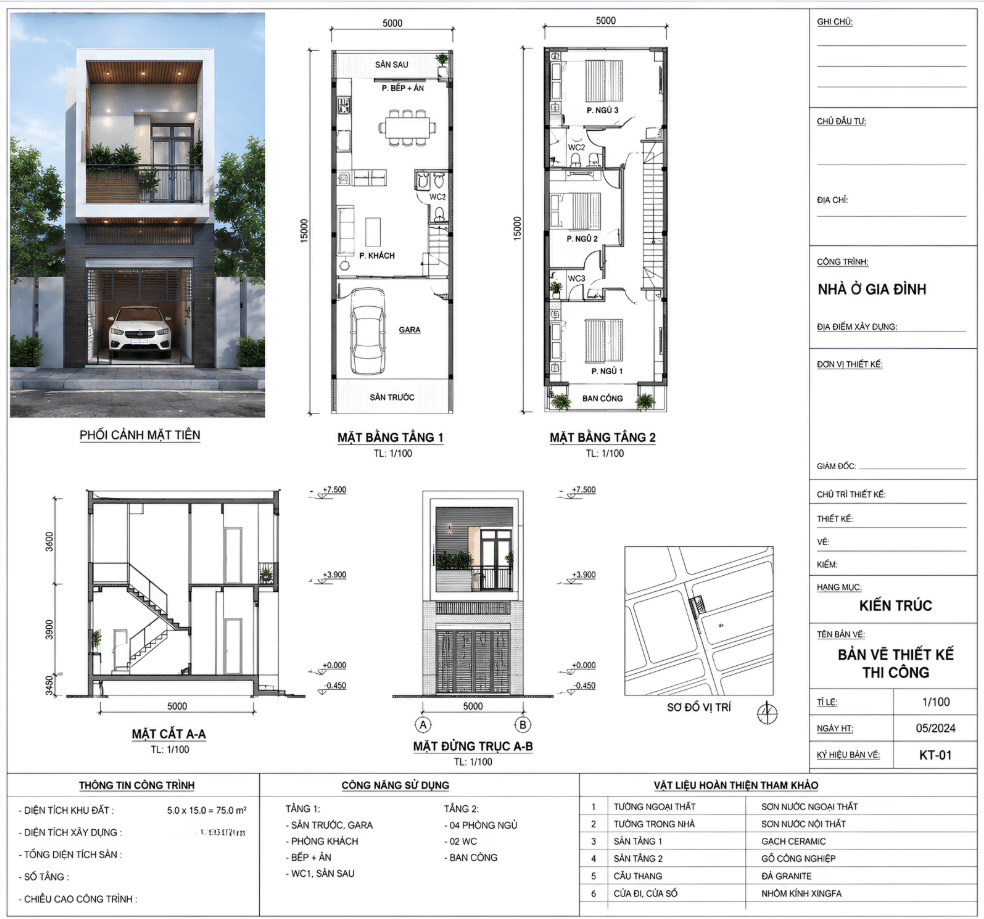 Bản vẽ CAD nhà 2 tầng 5x15m full có thể tham khảo
