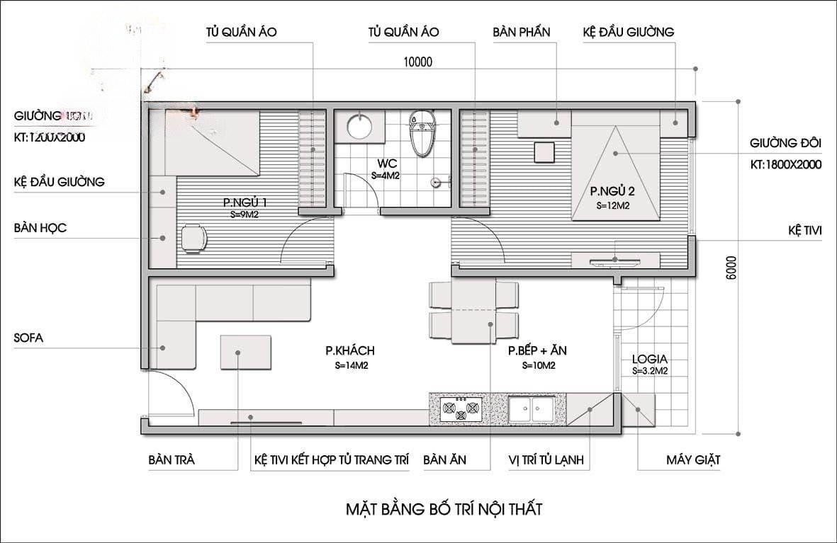 Bản vẽ công năng nhà cấp 4 2 phòng ngủ