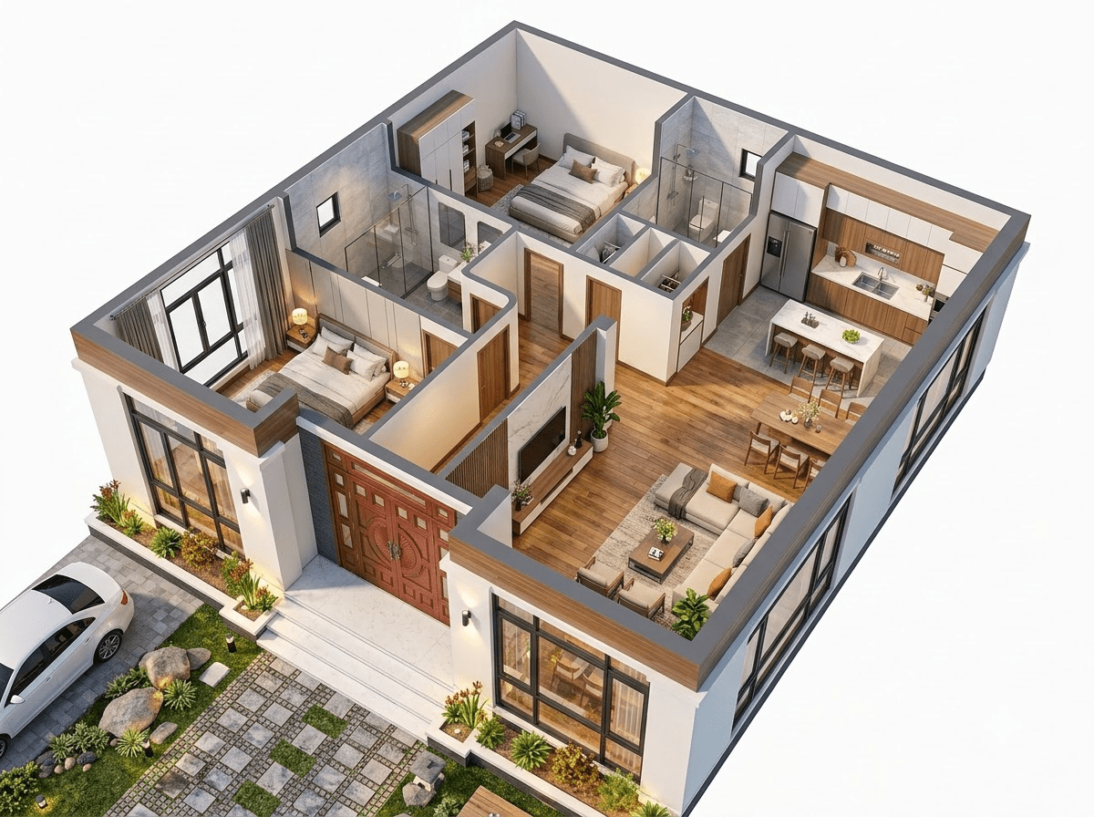 Bản vẽ công năng nhà mái Nhật cấp 4 hiện đại với cửa gỗ và nhiều mảng cửa kính