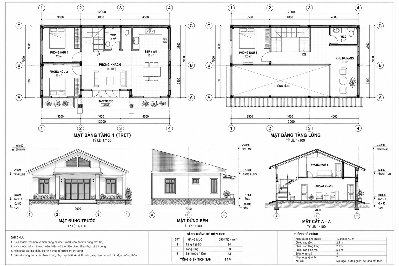 Bản vẽ kỹ thuật thể hiện chi tiết mặt bằng, mặt đứng và mặt cắt của mẫu nhà gác lửng 3 phòng ngủ phù hợp với không gian nông thôn