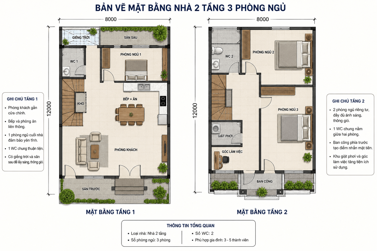 Bản vẽ mặt bằng cả 2 tầng của nhà 2 tầng 3 phòng ngủ