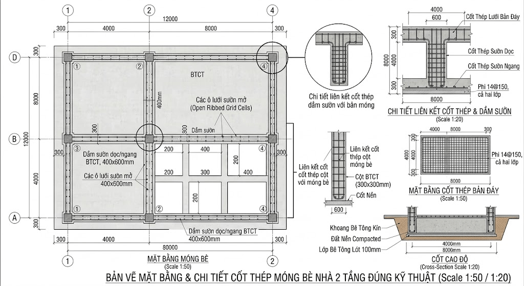Bản vẽ mặt bằng móng bè nhà 2 tầng với góc nhìn toàn diện từ trên xuống dưới