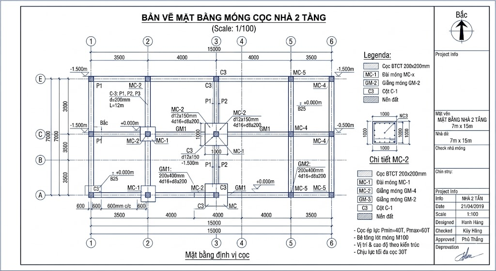 Bản vẽ mặt bằng móng cọc nhà 2 tầng giúp đội ngũ thi công có cái nhìn tổng quan hơn