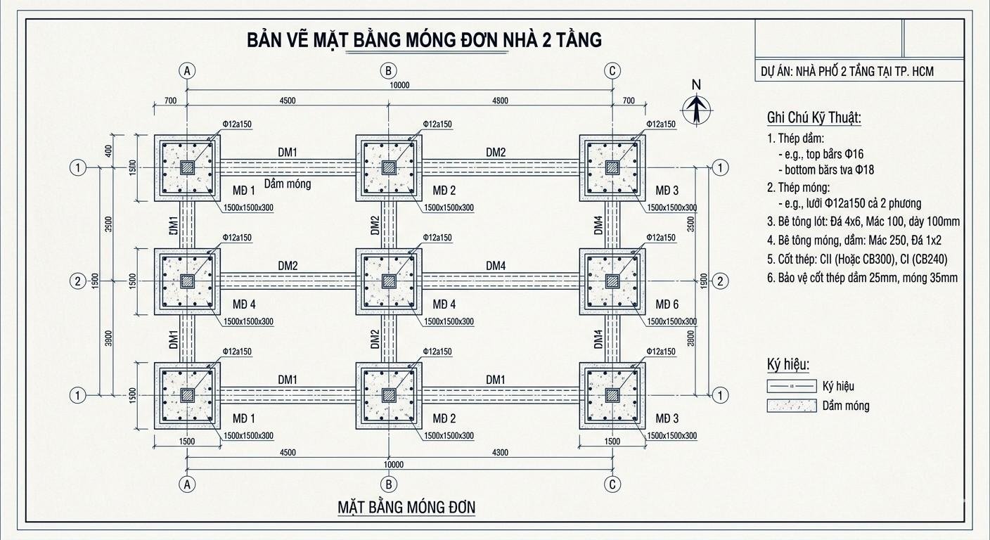 Bản vẽ mặt bằng móng đơn thể hiện hình chiếu bằng từ trên xuống của toàn bộ khuôn viên