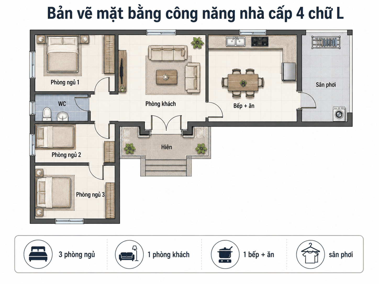Bản vẽ mặt bằng nhà cấp 4 chữ L 3 phòng ngủ