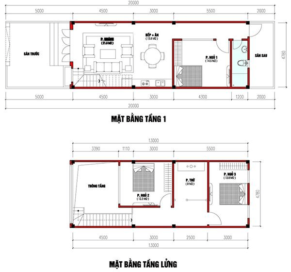 Bản vẽ mặt bằng tầng trệt nhà cấp 4 mái tôn 5x20 có gác lửng