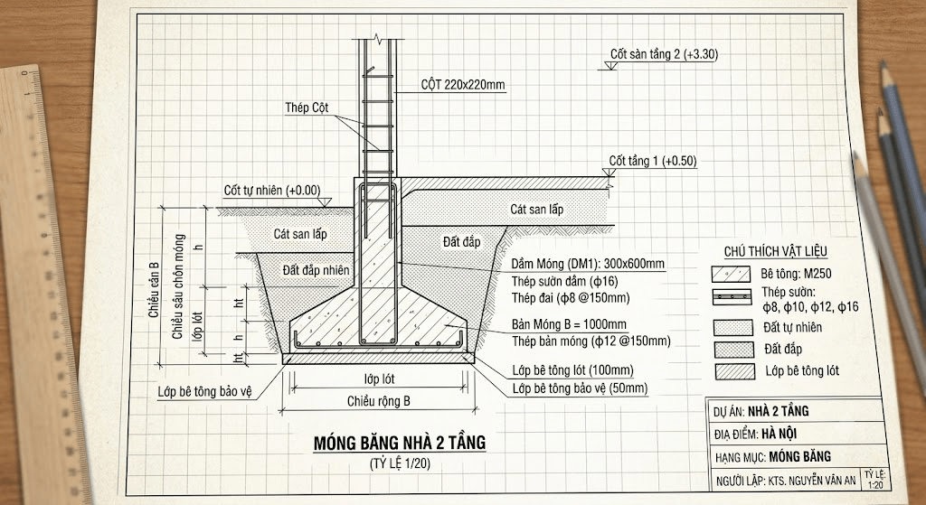 Bản vẽ mặt cắt móng băng nhà 2 tầng