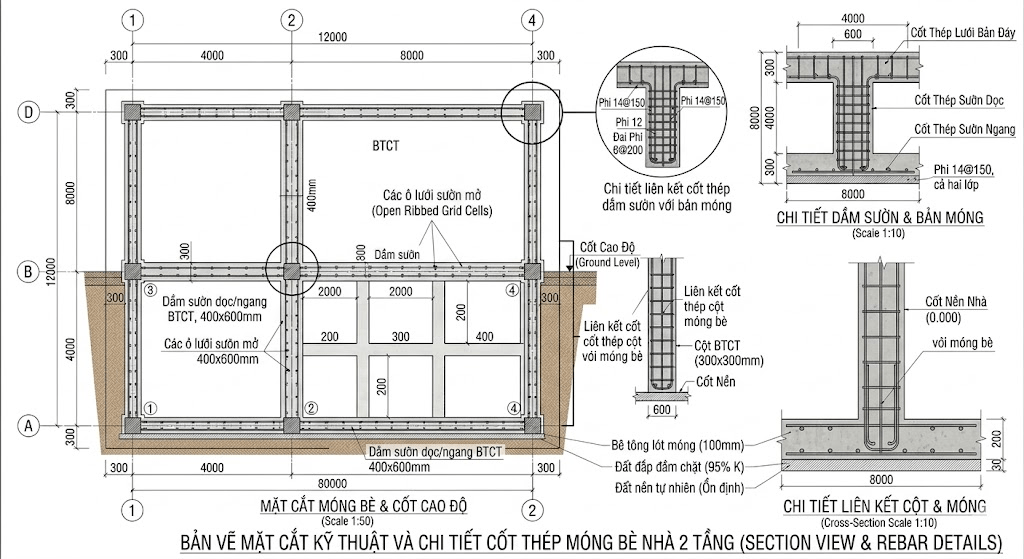 Bản vẽ mặt cắt móng bè với đầy đủ các chi tiết kỹ thuật cơ bản