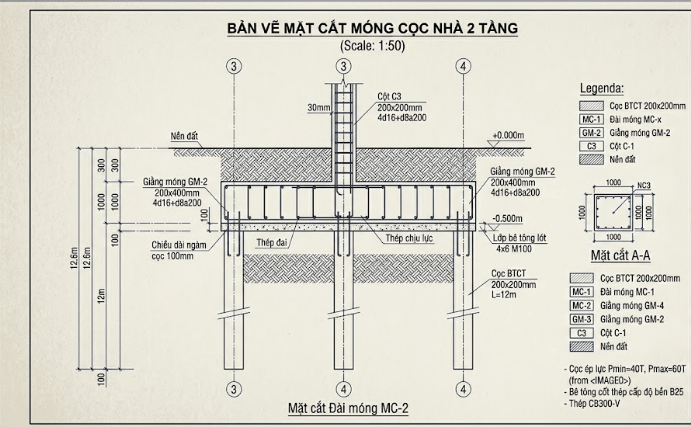 Bản vẽ mặt cắt móng cọc là hình cắt đứng đi qua đài móng và cấu trúc cọc