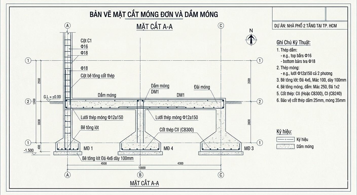 Bản vẽ mặt cắt móng đơn giúp làm rõ chi tiết các lớp vật liệu tính từ đáy móng lên đến cổ cột