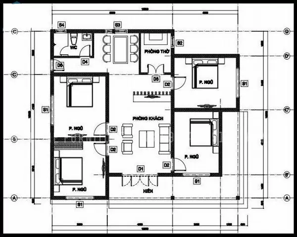 Bản vẽ nhà cấp 4 4 phòng ngủ 1 phòng thờ đẹp, thẩm mỹ