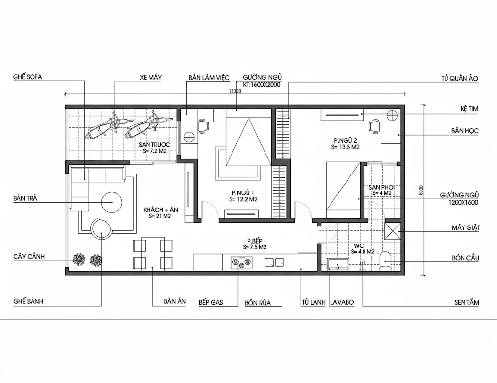 Bản vẽ mẫu nhà cấp 4 7×10 với 2 phòng ngủ chiếm diện tích lớn