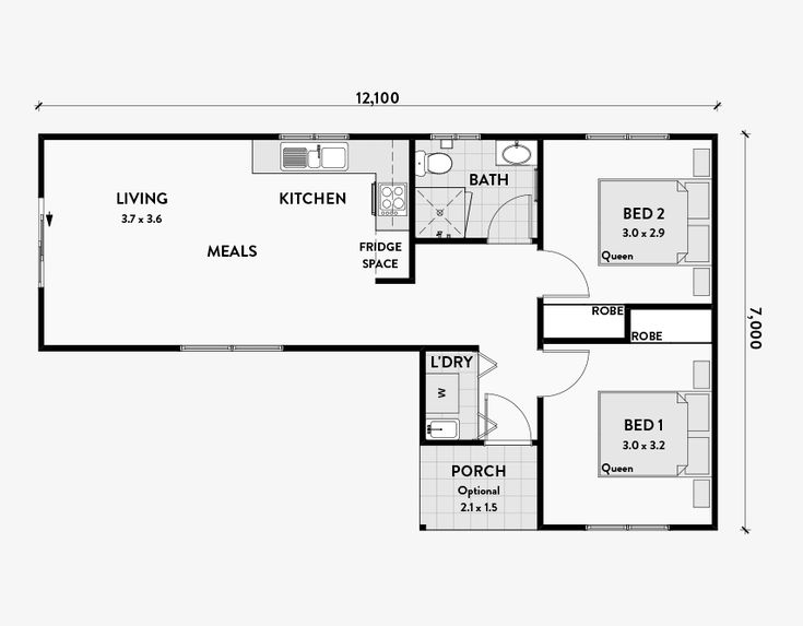 Bản vẽ mẫu nhà cấp 4 chữ L mái bằng 2 phòng ngủ có khu vực sinh hoạt chung lớn
