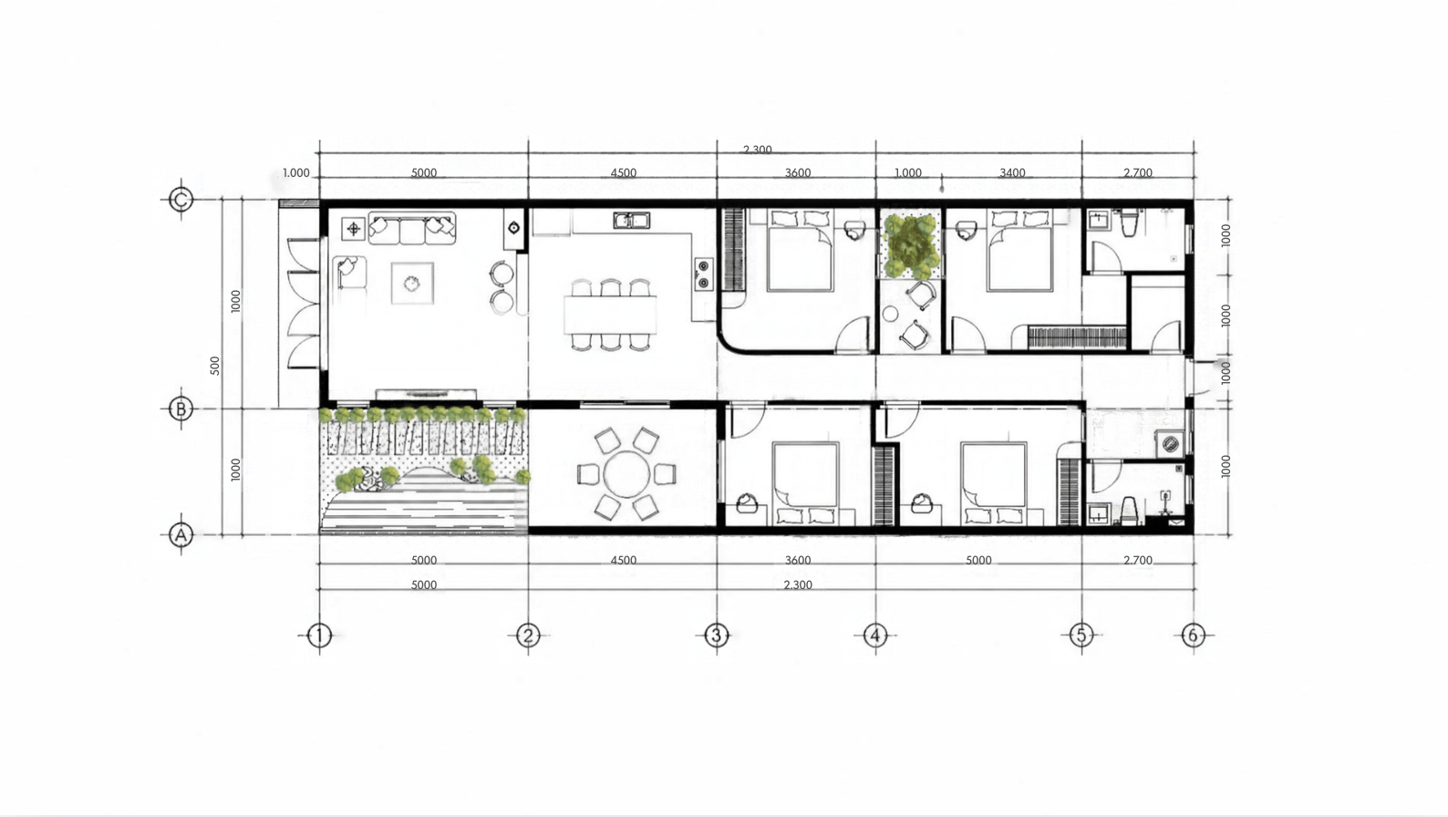 Bản vẽ mẫu nhà cấp 4 chữ L mái bằng 4 phòng ngủ có sân vườn