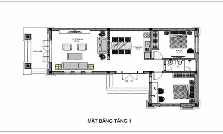 Bản vẽ mẫu nhà cấp 4 chữ L mái tôn có sảnh chính - phụ rộng lớn