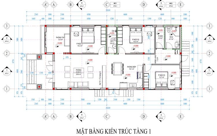 Bản vẽ mẫu nhà cấp 4 mái Thái 3 phòng ngủ