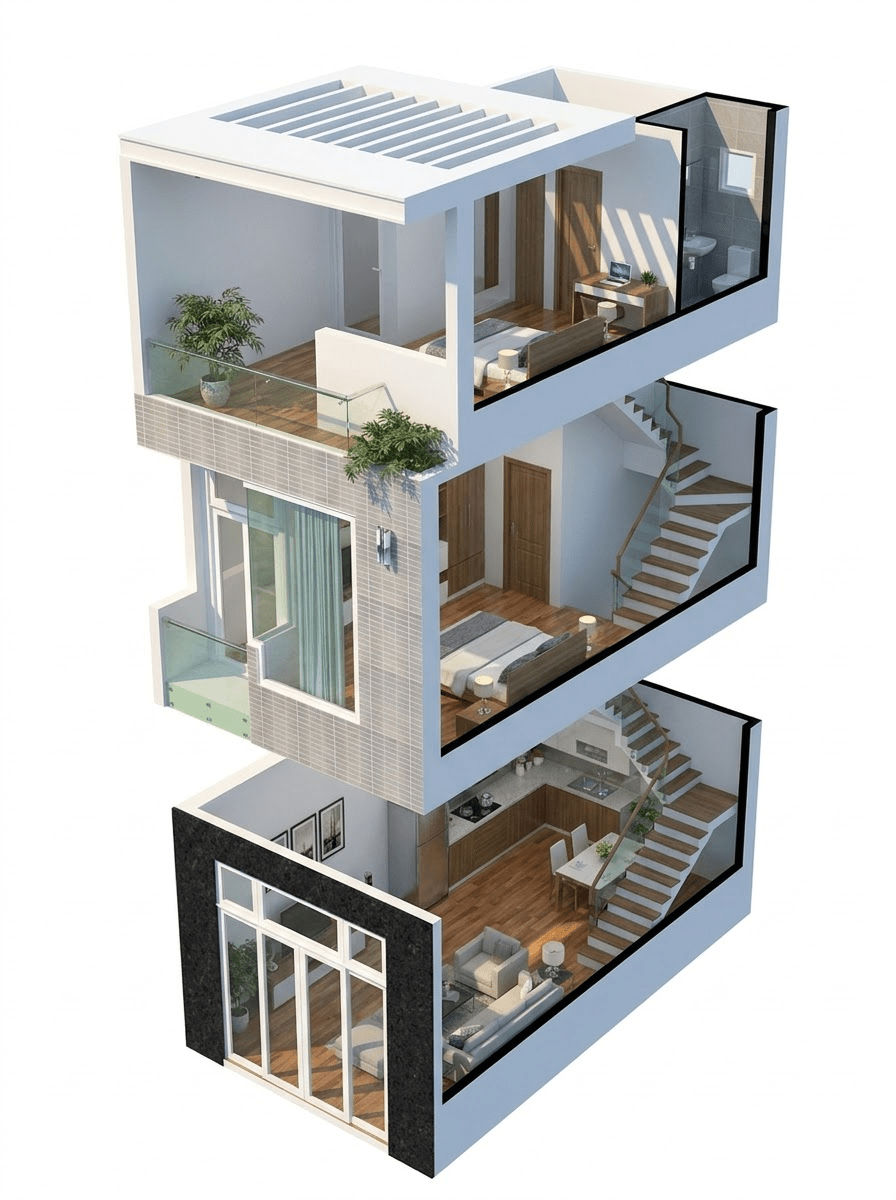 Bản vẽ mẫu nhà ống 2 tầng có tum phong cách hiện đại