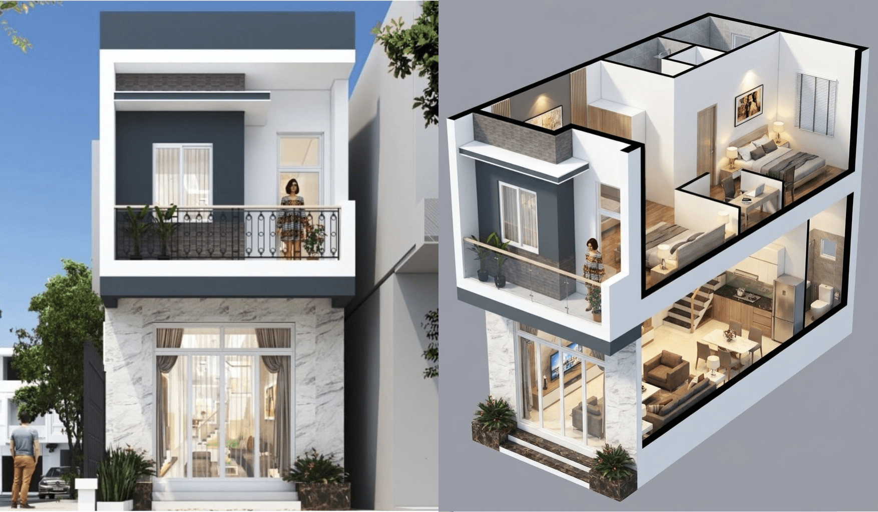 Bản vẽ mẫu nhà ống 2 tầng dành cho khu vực có mặt tiền 5m