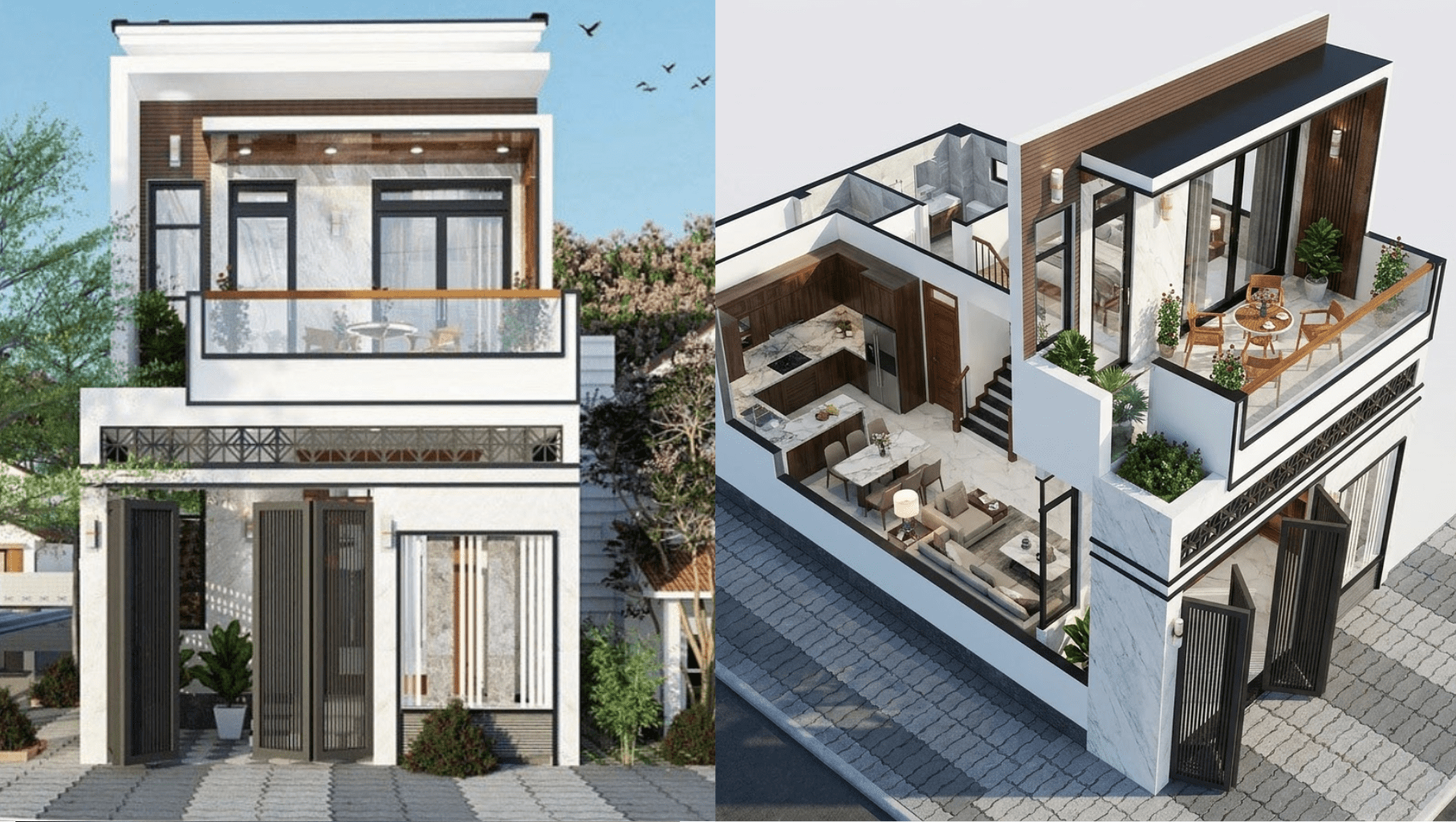 Bản vẽ mẫu nhà ống 2 tầng hiện đại với cây cảnh xung quanh