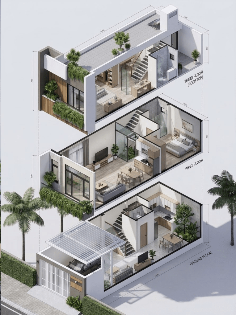 Bản vẽ mẫu nhà ống 3 tầng 5x20m có mái hiên che sân trước