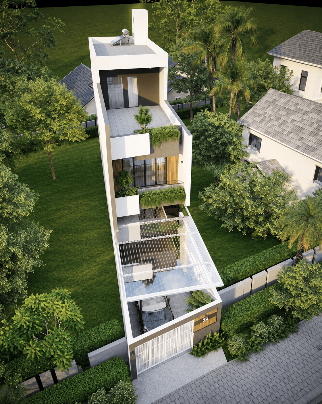 Mẫu nhà ống 3 tầng 5x20m có mái hiên che sân trước (Nguồn: Internet)