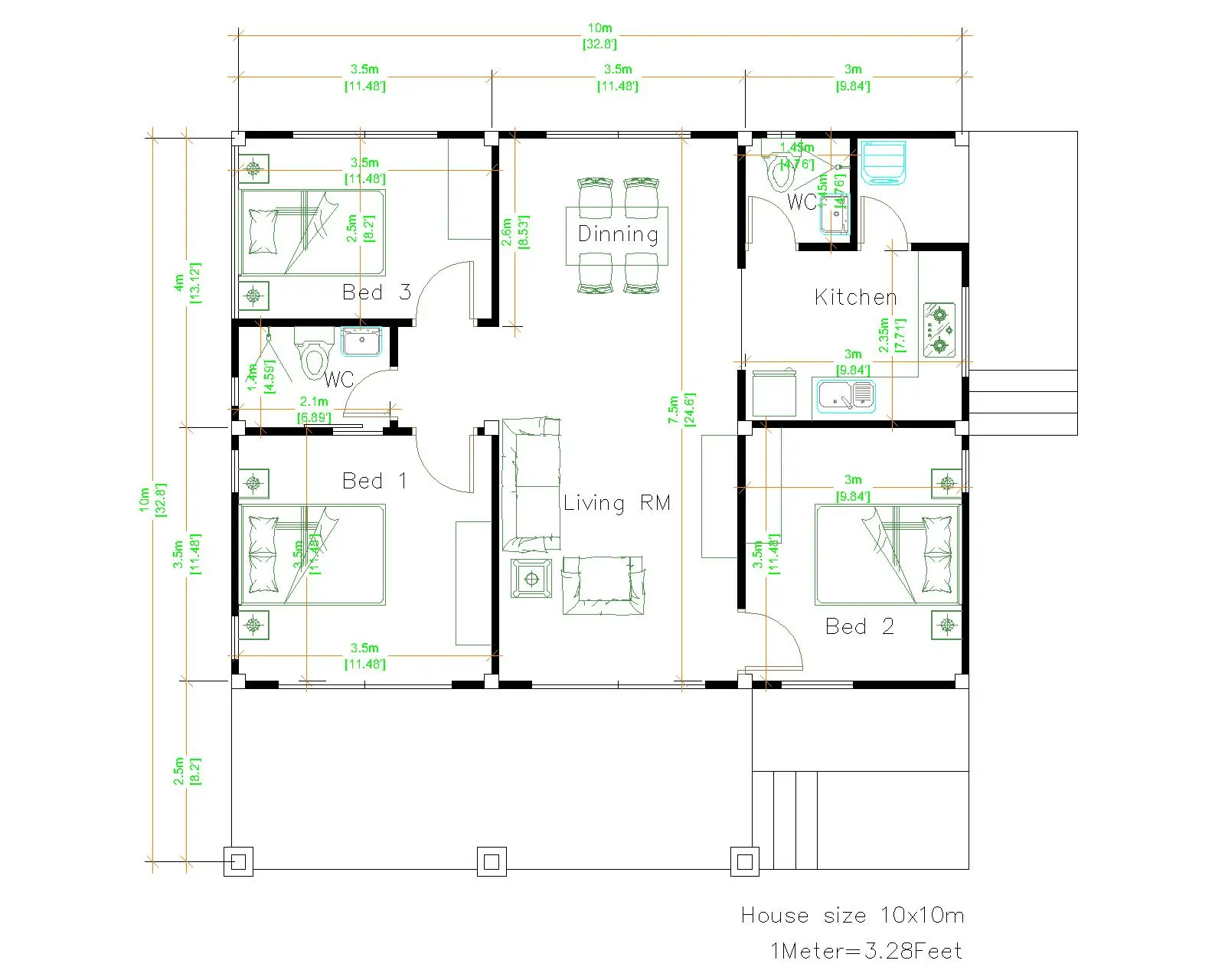 Bản vẽ nhà cấp 4 100m2 bố trí sảnh chính và sảnh phụ