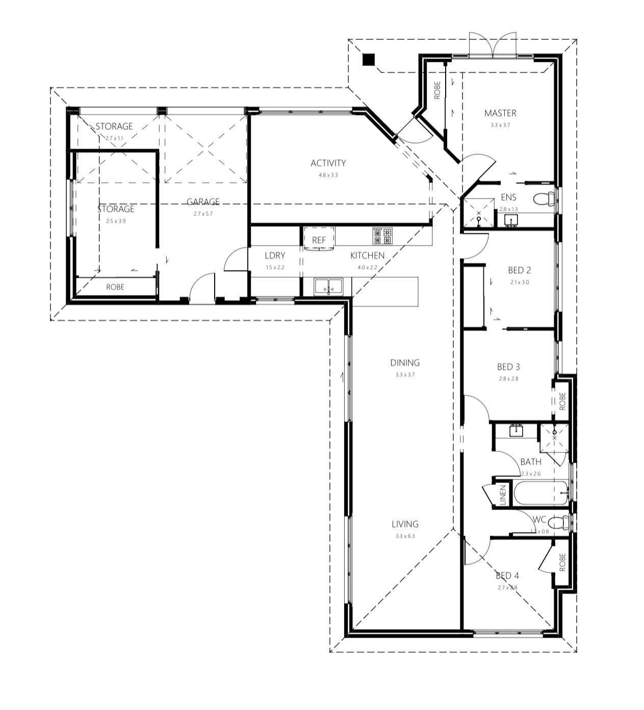 Bản vẽ nhà cấp 4 100m2 dạng chữ L, bố trí 4 phòng ngủ và khu khách - bếp riêng (Nguồn: Internet)