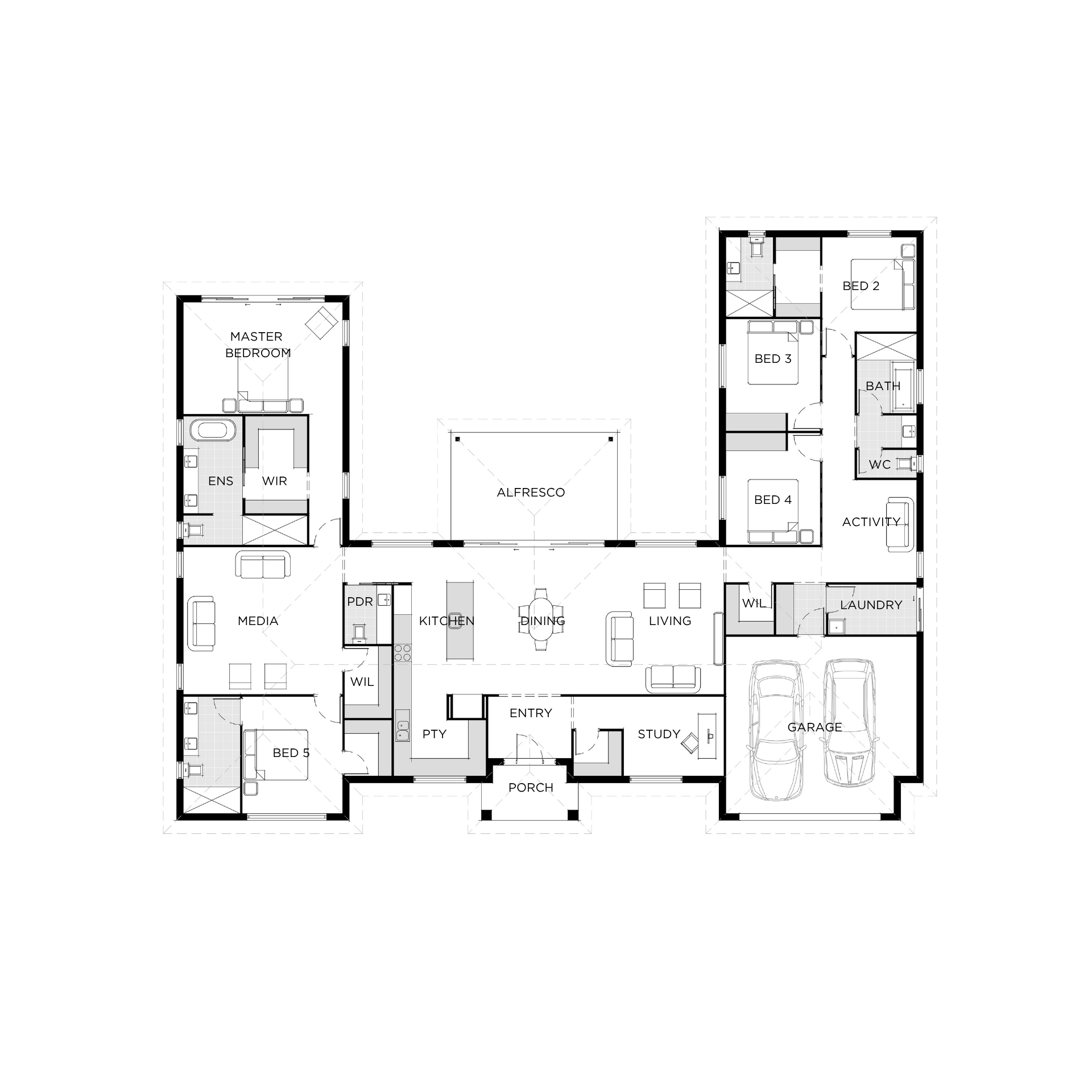 Bản vẽ nhà cấp 4 100m2 dạng chữ U, các phòng ngủ được bố trí bao quanh khoảng sân trung tâm