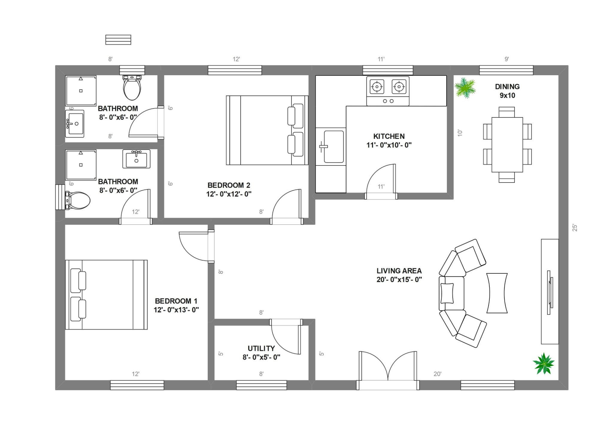 Bản vẽ nhà cấp 4 100m2 với 2 phòng ngủ lớn, phòng bếp, phòng ăn và phòng khách riêng
