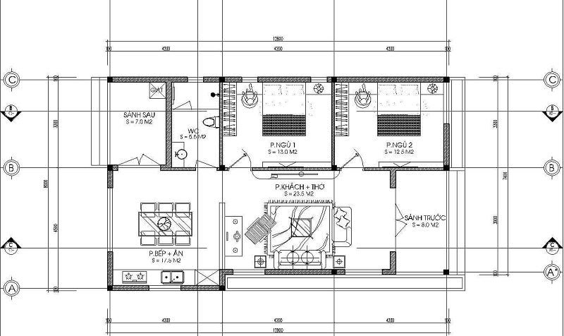 Bản vẽ nhà cấp 4 2 phòng ngủ tiện nghi, chi phí rẻ