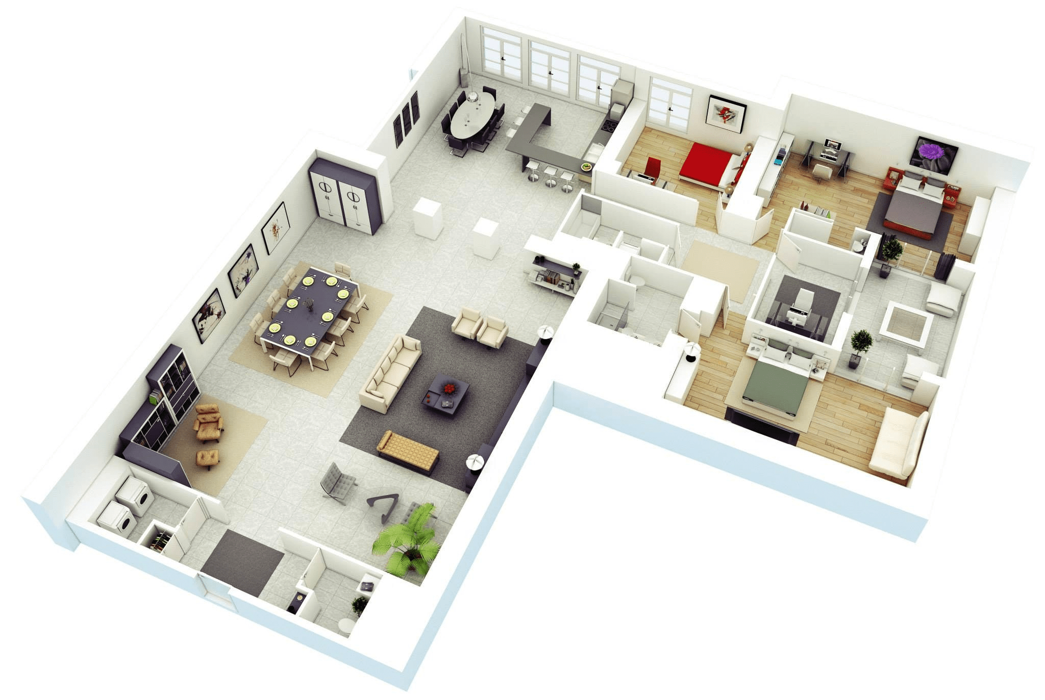 Bản vẽ nhà cấp 4 3 phòng ngủ với phòng khách rộng, bếp riêng và 3 phòng ngủ bố trí hợp lý