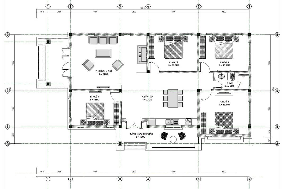 Bản vẽ nhà cấp 4 4 phòng ngủ 400 triệu tiết kiệm chi phí