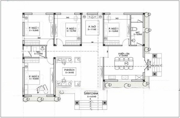 Bản vẽ nhà cấp 4 4 phòng ngủ 500 triệu hiện đại, tiện nghi