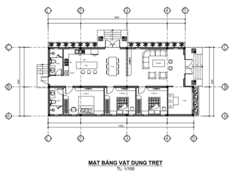 Bản vẽ nhà cấp 4 có 3 phòng ngủ, 1 phòng thờ được bố trí hợp lý, đảm bảo không gian sinh hoạt và yếu tố phong thủy cho gia đình
