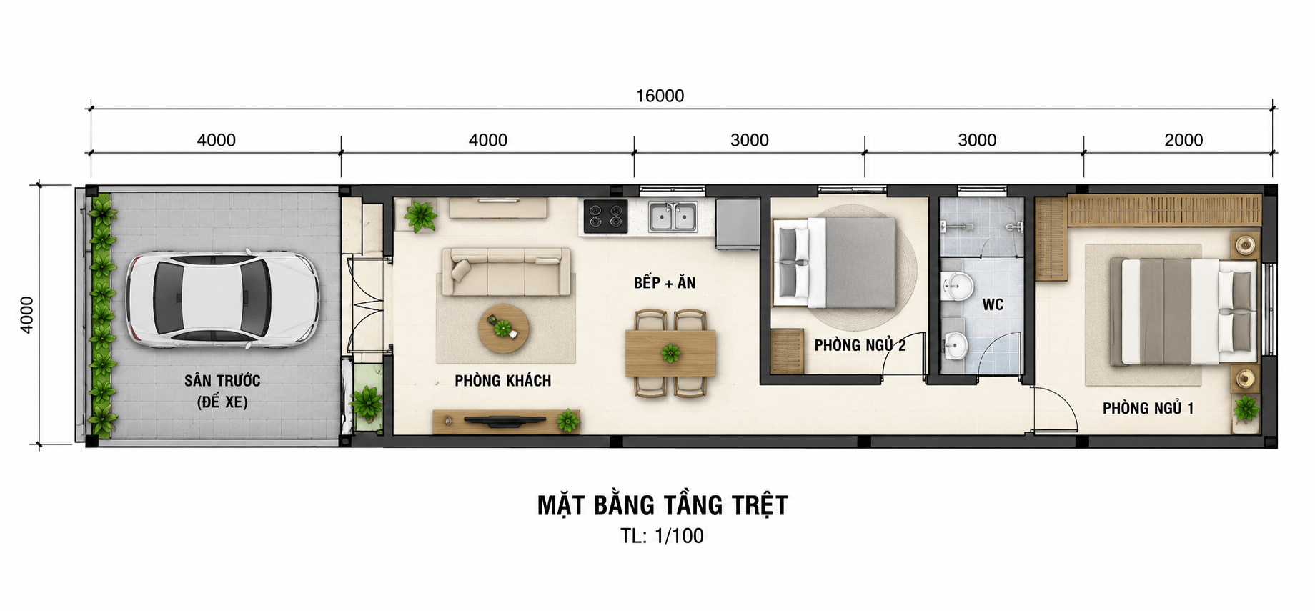 Bản vẽ nhà cấp 4 4x16 bố trí 1 phòng ngủ ở cuối