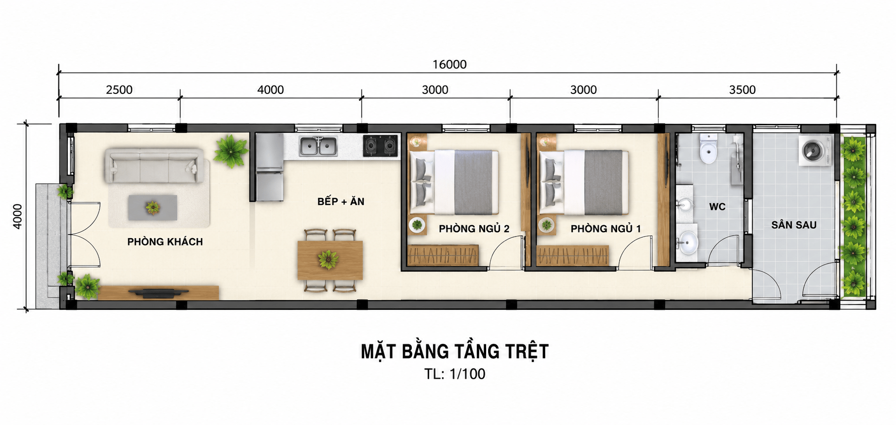 Bản vẽ nhà cấp 4 4x16 nhà ống 2 phòng ngủ