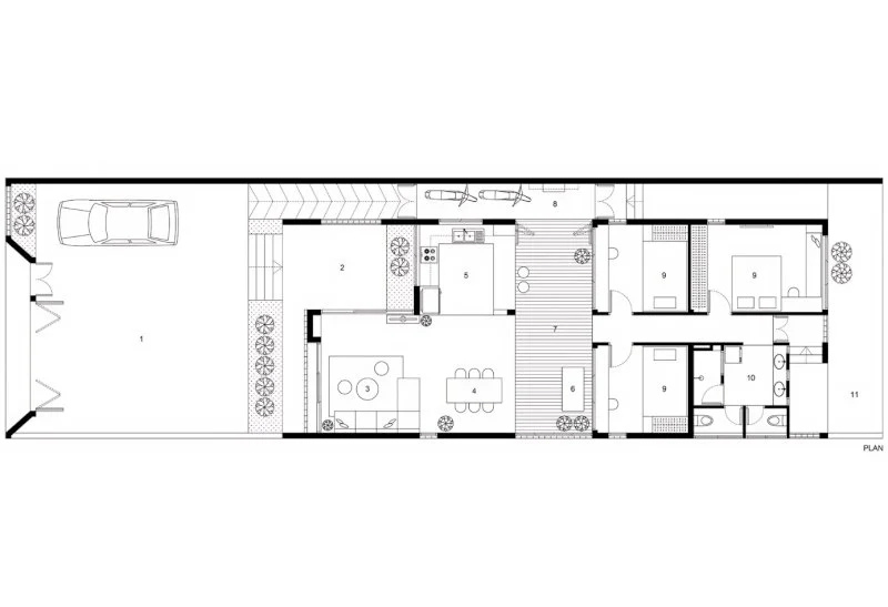 Bản vẽ nhà cấp 4 5x20 dáng chữ L có chỗ để ô tô