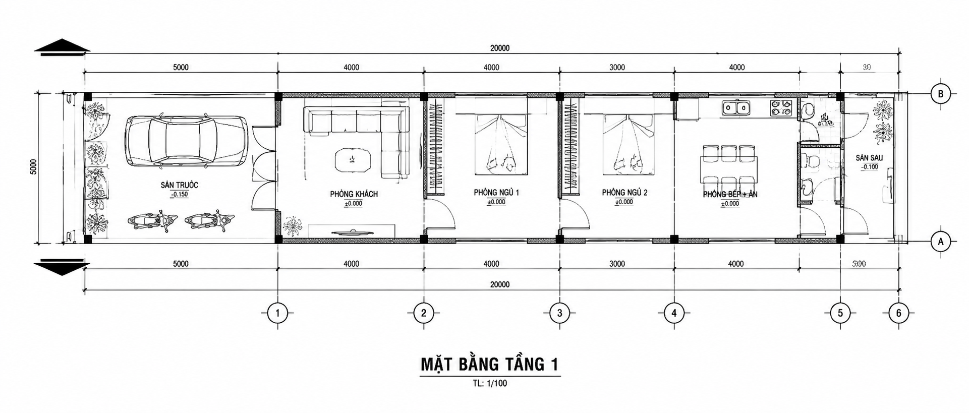 Bản vẽ nhà cấp 4 5x20 đơn giản, tiện nghi