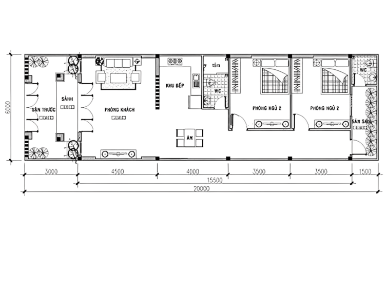 Bản vẽ nhà cấp 4 5x20 hình chữ nhật sở hữu tổ hợp phòng khách - bếp - ăn liền kề