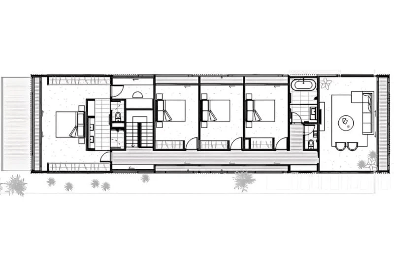 Bản vẽ nhà cấp 4 5x20 nhà ống bố trí hành lang dài dọc các phòng